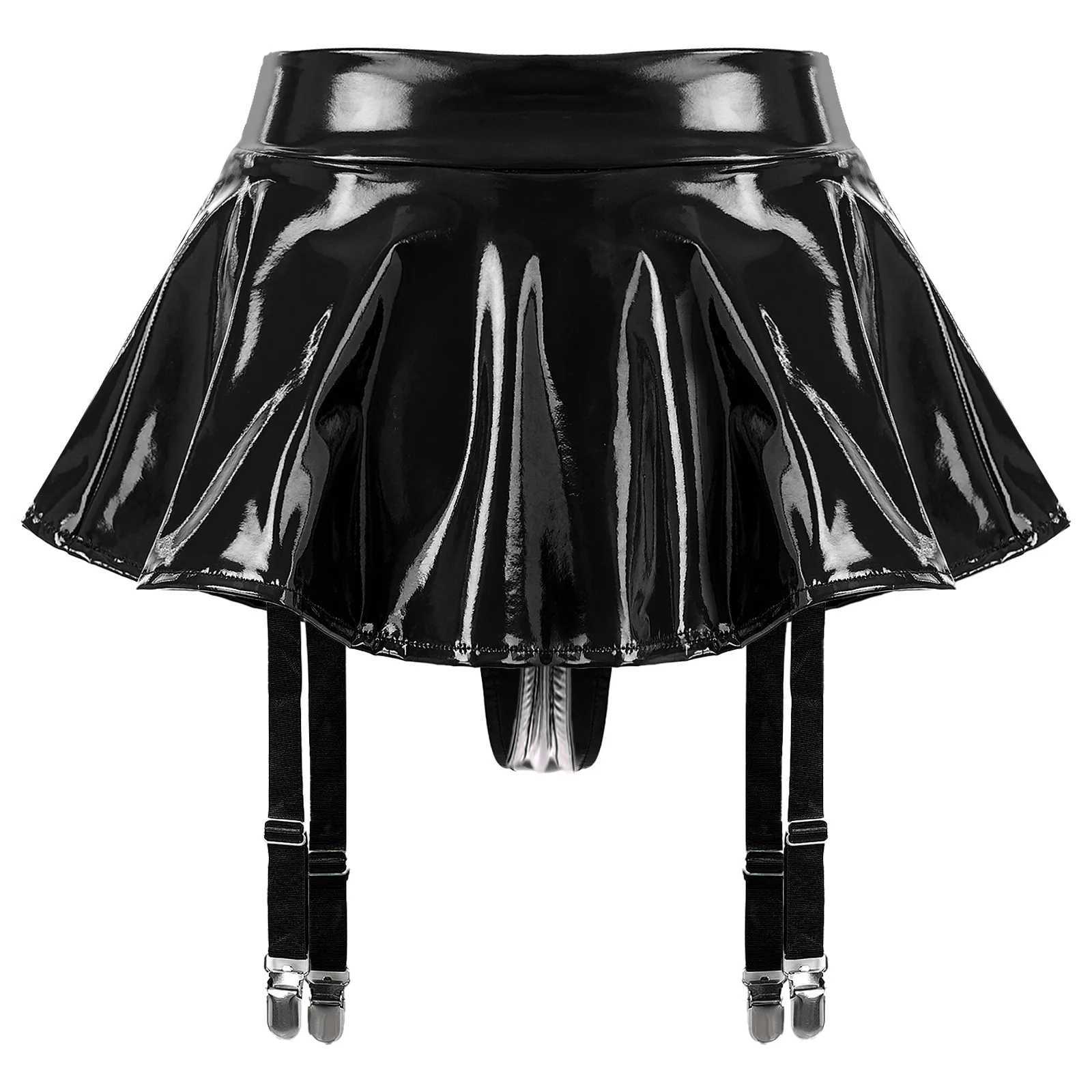 Urban Sexy Dresses Sexy Womens Ruffle LaTex Mini Kjol inbyggda Thongs strumpeband metallklipp Våt utseende Patentläder Underkläder miniskirt klubbkläder 2443