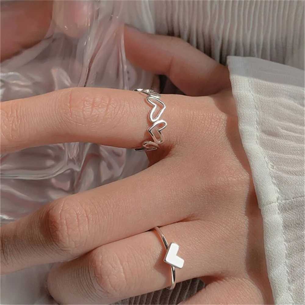 2 stks trouwringen zilveren kleur holle hartvorm open ring set ontwerp schattig mode love sieraden voor vrouwen meisje geschenken verstelbare verjaardagsfeestje