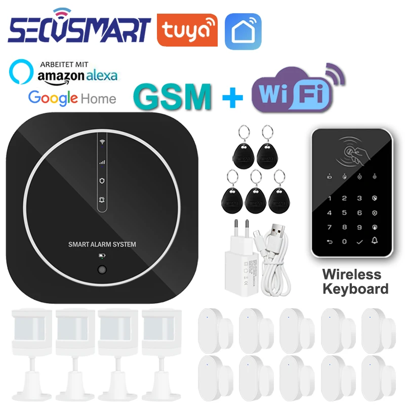 Kits Tuya WiFi GSM Home Burglar Security Alarm System Door Sensor Black Lösenord Tangentbord Smart Life App Compatible Alexa Google Home