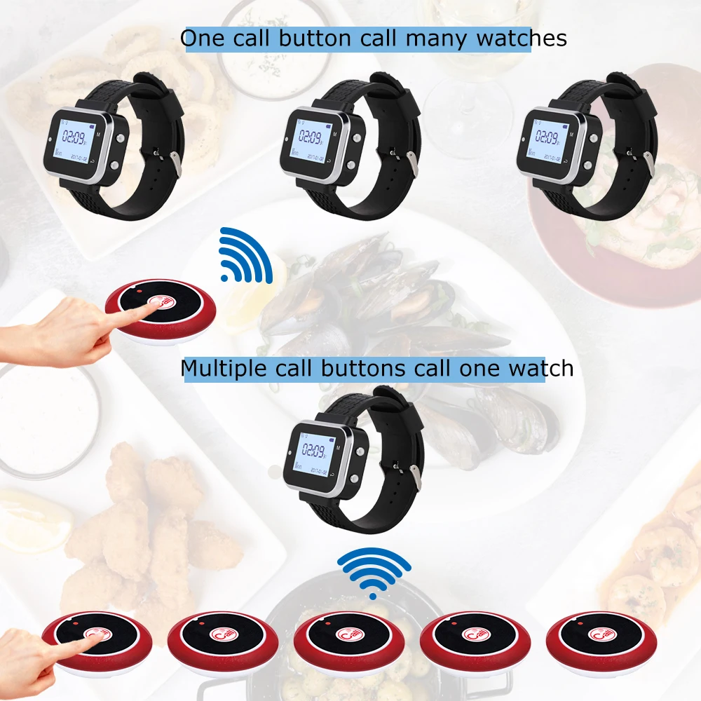 Accessoires Jingle Bells 2 Récepteur de montre-bracelet 15 Bouton de table de serveur Systèmes d'appel sans fil émetteur pour les restaurants Pager hôtelière