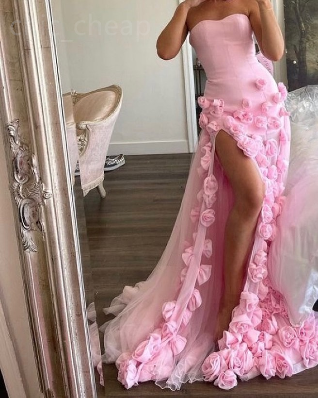 2024 ASO EBI Florals Pink A-Line Prom Dress Tulle High Split Evening Formal Party Second Reception 50th Birthday Engagement Gowns Dresses Robe de Soiree ZJ3168