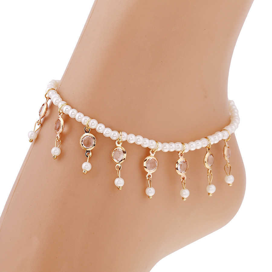 Strandschuhe modische und minimalistische Kristall Quasten Elastic Perl Feet Kette für Frauen