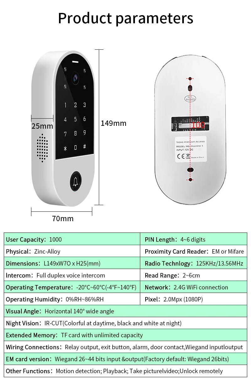 Intercom Video Intercom Access Control System Tuya SmartLife App WiFi Door Camera Intercom för Home Door Remotely Control 125kHz RFID