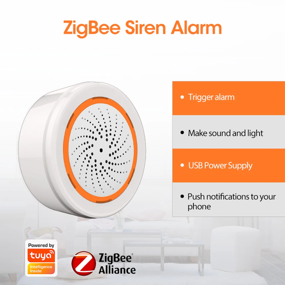 Cordons Tuya Zigbee Smart Siren Alarm 90dB Sound Light Home Security Alarm fonctionne avec Tuya Zigbee Hub
