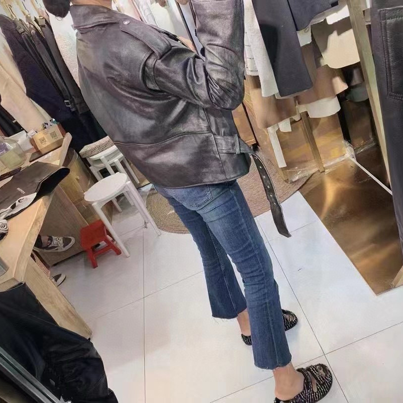 New Spring Woman Genuine Leather Jacket Chic Vintage Short Lapel Zipper Belt Biker Coats Fashion Streetwear Mujer Tops