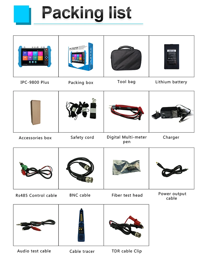 Display IPC9800 MOVTADHS Plus 7 Inch HD CCTV Tester Monitor For AHD TVI CVI SDI H.265 Multimeter Optical fiber VFL TDR For CCTV Tester