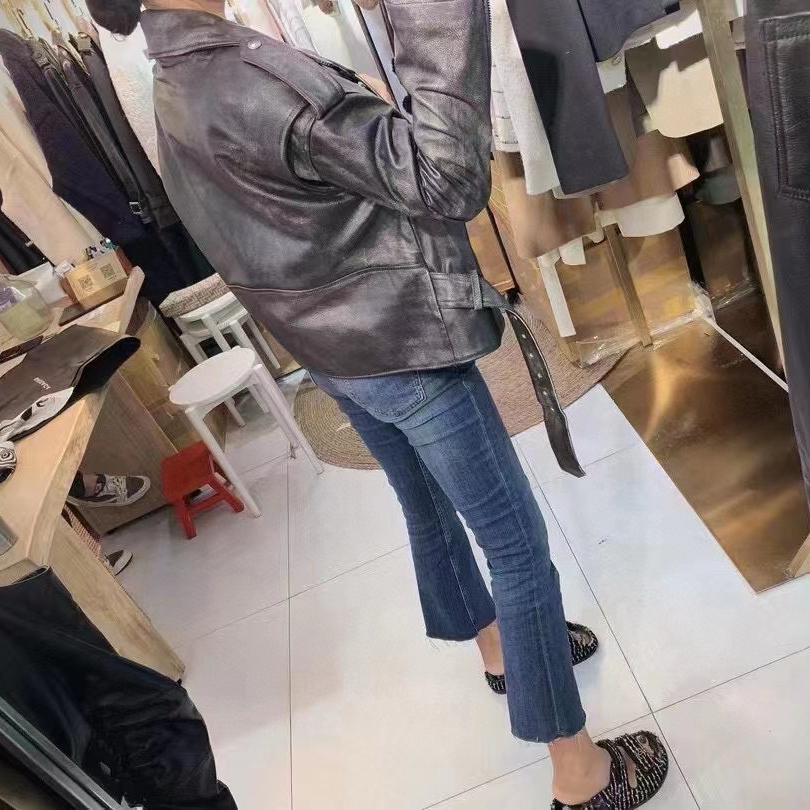 Designer Woman Genuine Leather Jacket Chic Vintage Short Lapel Zipper Belt Biker Coats Fashion Streetwear Mujer Tops