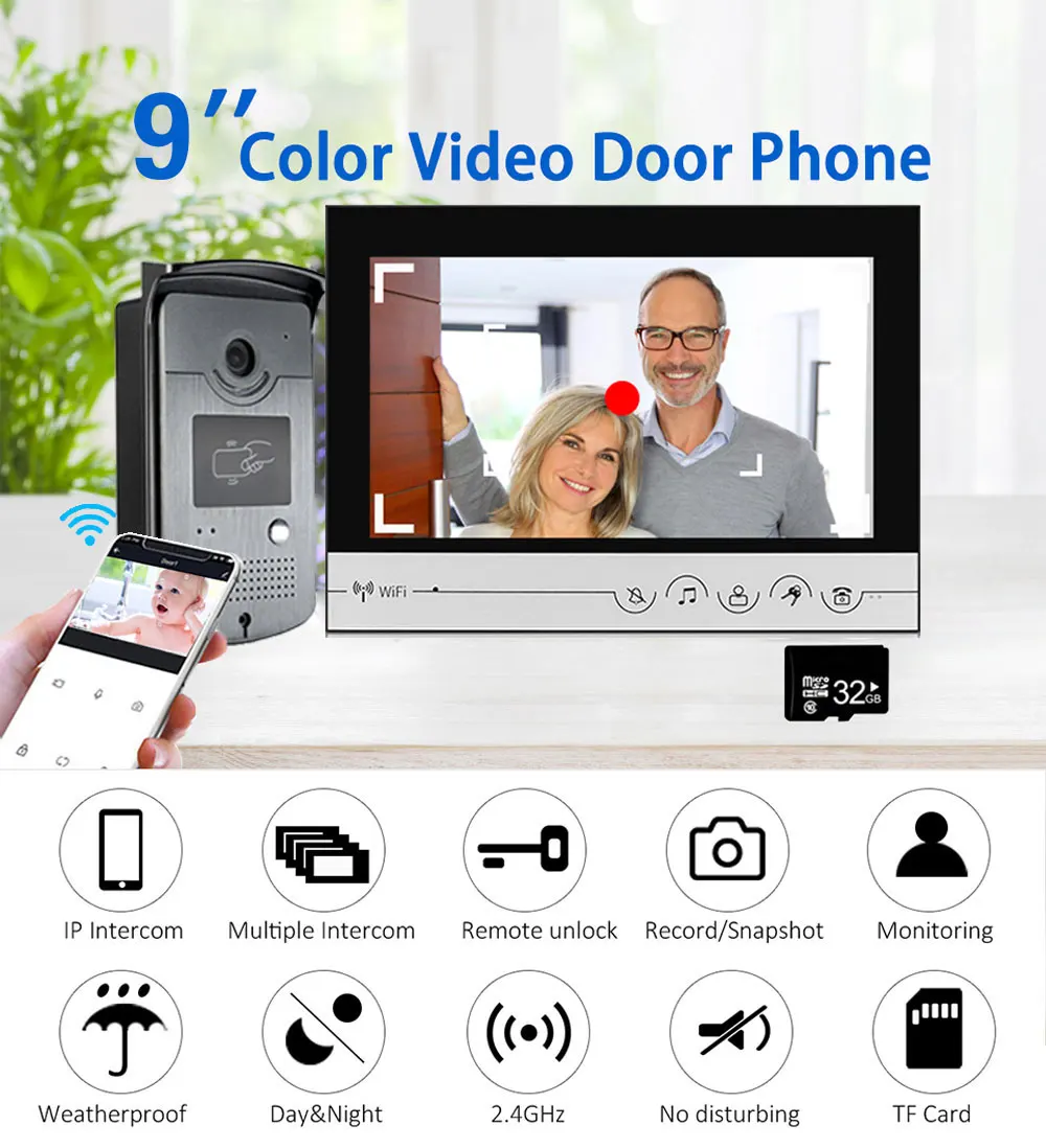 Intercom 9 Inch Tuya Wifi Smart Video Door Phone Intercom System With 1Monitor and Doorbell Camera and 1 Lock Set Phone APP Unlock