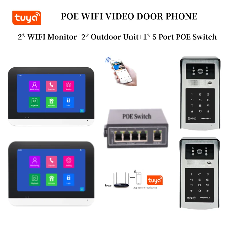 Intercom Poe Switch Tuya Smart WiFi Video Intercom IP Wireless Video Door Phone Lösenord RFID Access Control System för Villa lägenhet