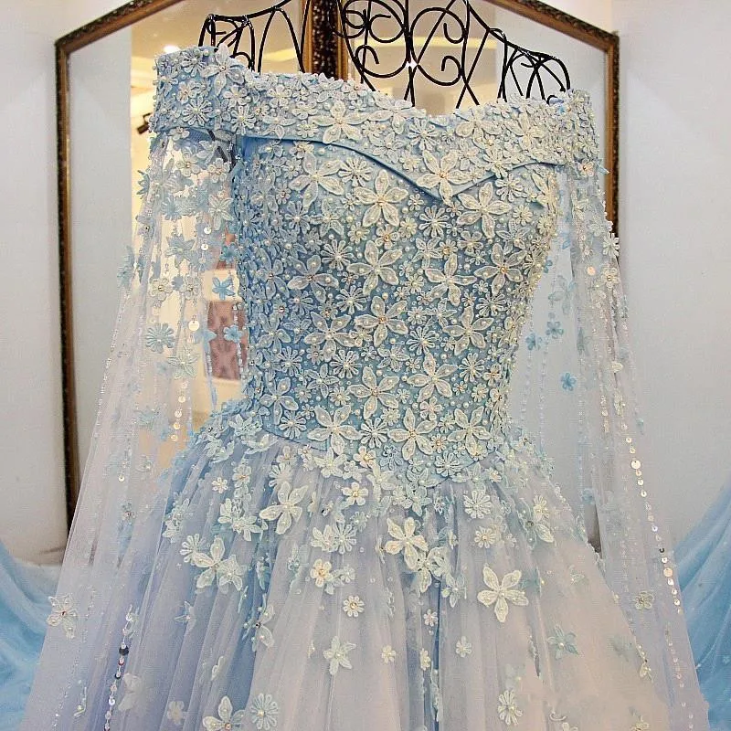 Fairy Sky Blue Romantic Long Sleeve Wedding Dresses Beads Off The Shoulder Vestido De Novia Charming Lace Wedding Gowns