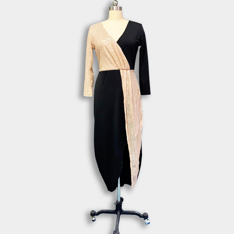 Women designer two-tone black gold national style high-waisted solid color temperament commuter MIDI long sleeve waist dress