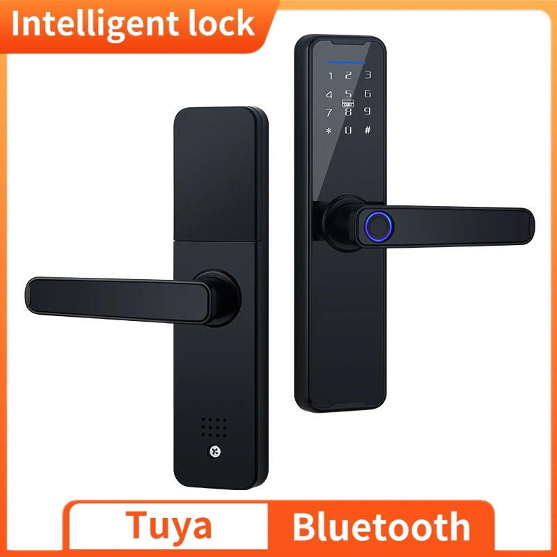 Lås k7 svart smart lås biometrisk fingeravtryck dörrlås tuya app fjärrlåsning trådlös nyckelfri lås elektronisk dörrlås