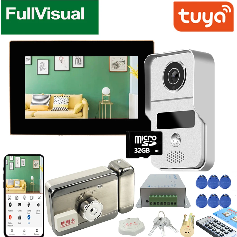 Doorbells Fullvisual WiFi Kablosuz 1080p Video Intercom Kapı Zili Kamerası Kilitli 7 inç dokunmatik ekran monitörü Kapı Telefon Kilidi Kilidi Konuşma Gecesi