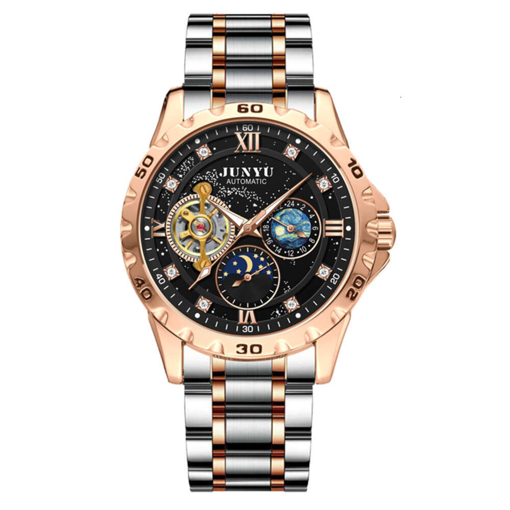 73 Junyu Men's Waterproy Night Night Glow Totalmente automático Hollow Out Trend Starry Sky Watch 48