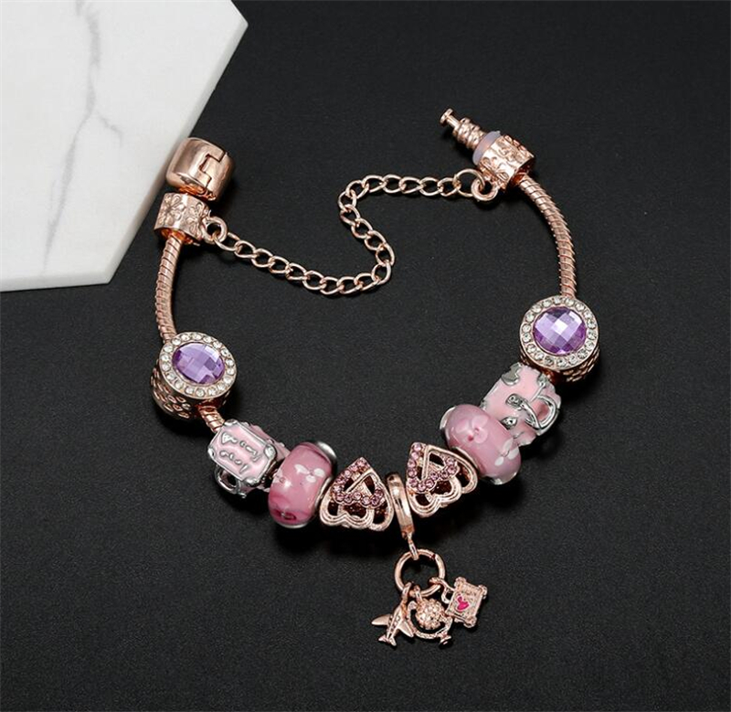 Beaded Bracelet High Quality Rose Gold Pink Silver Charm Beaded Cherry Red Heart Bracelet Crystal Iris Handmade DIY Bracelet For Women Bracelet Gift