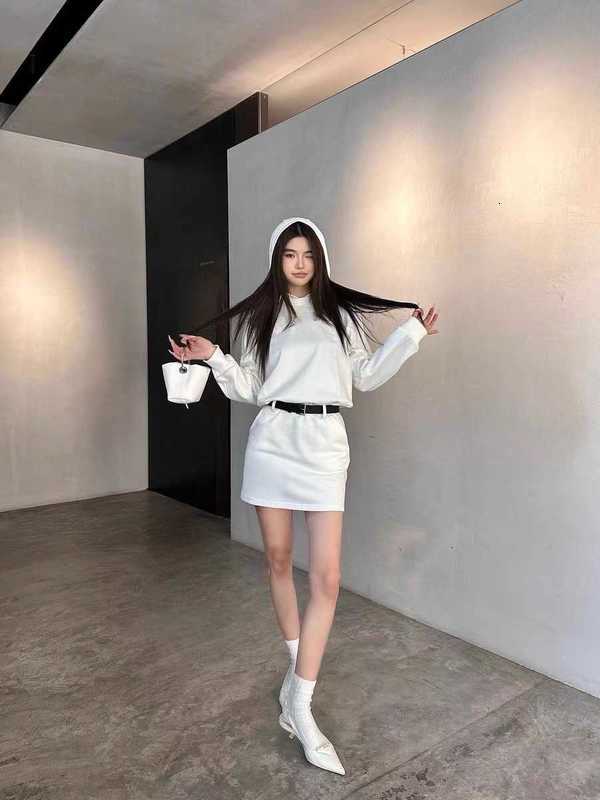 Basic & Casual Dresses Designer Brand 2024 Early Spring New Product Triangle Hooded Color Matching Belt, Waistband, Cool and Versatile Hoodie Dress GTCG