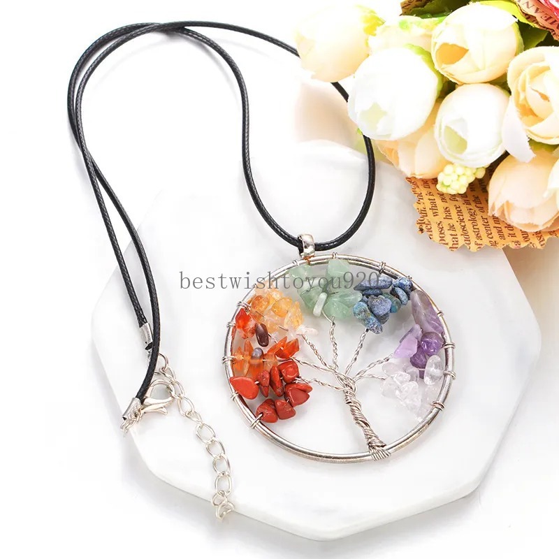 Ronde boom van het leven ketting Natuurlijke stenen Pendulum hanger kettingen goud zilver 7 chakra kristal kwarts reiki genezende sieraden met zwart lederen koord wax ketting