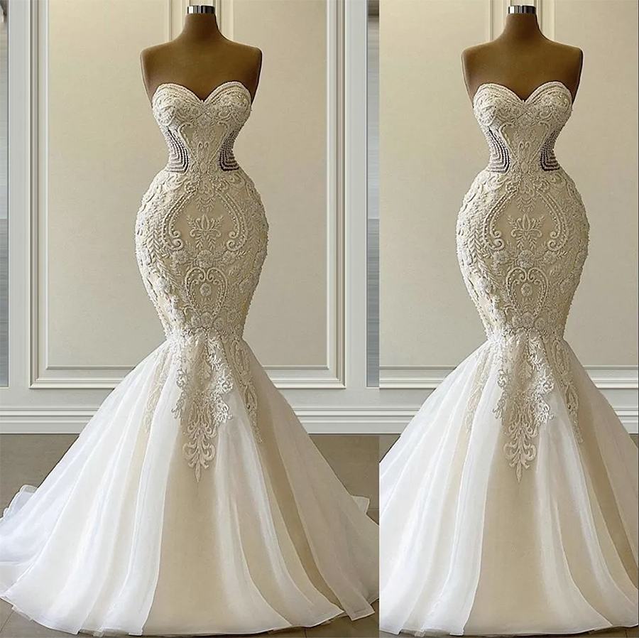 Vestido de Novia anmutige Meerjungfrau Brautkleider Schatz Hals Luxus Perlen Brautkleider Mitte gemacht