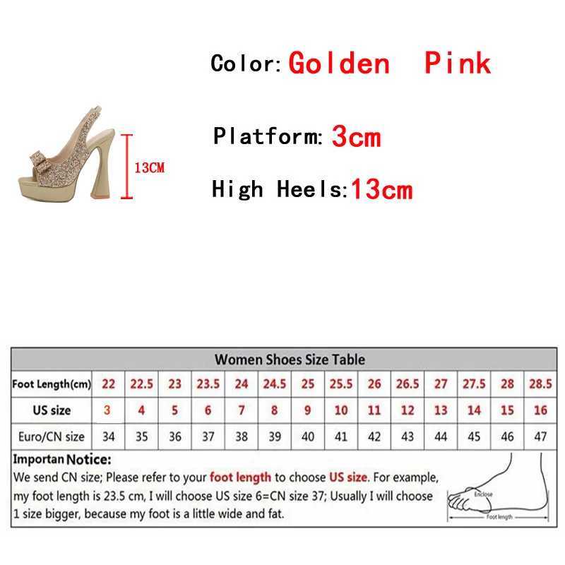 Dress Shoes Liyke Runway Style Glitter lovertjes bowknot dames pumps sexy peep teen rugriem goud sandalen platform hakken bruiloft prom H240409 cb6m