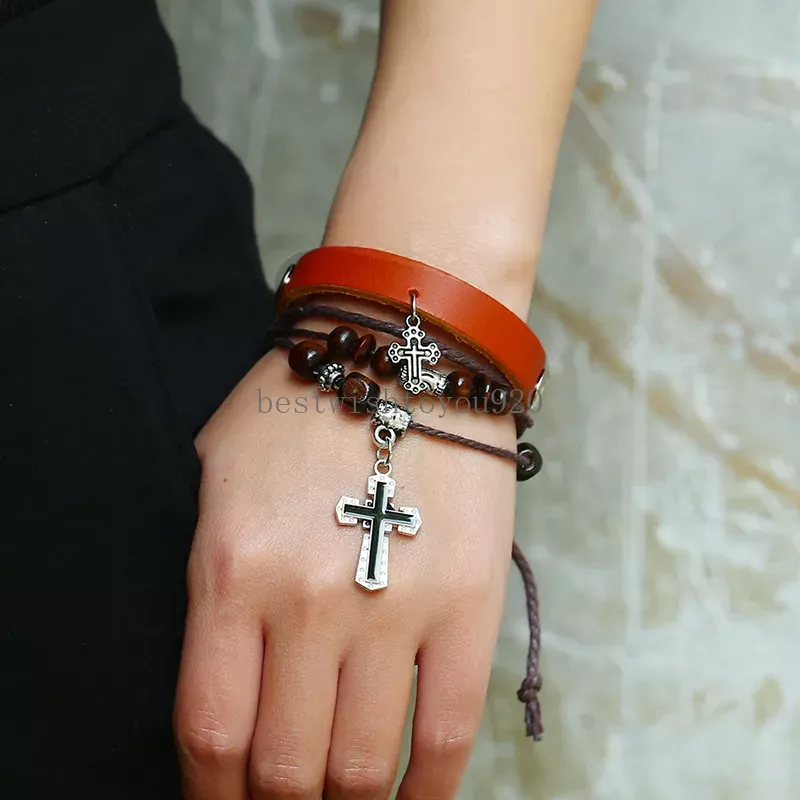 Vintage Cross Charm Bracelets Multilayer Cowhide Braided Genuine Leather Rope Hand Wrap Beads Bracelet for Men Women Fashion Adjustable Bangles Jewelry Gift