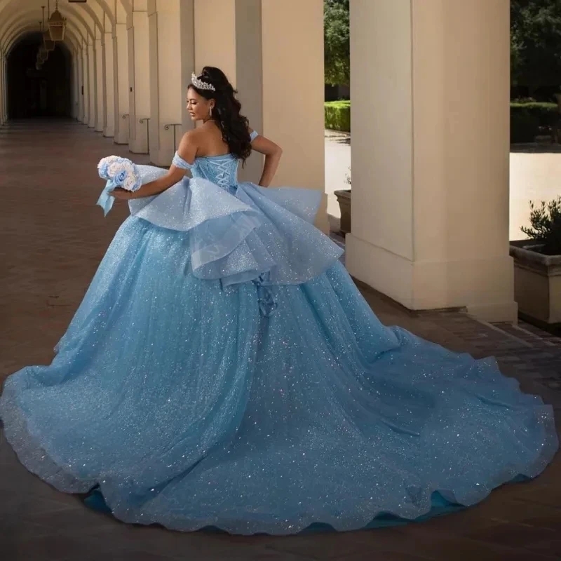 Glitter Sky Blue Quinceanera -jurken 2024 Offer de schouderbal jurk prom jurk voor verjaardag kralen plattegrond korset Vestido de 15 anos