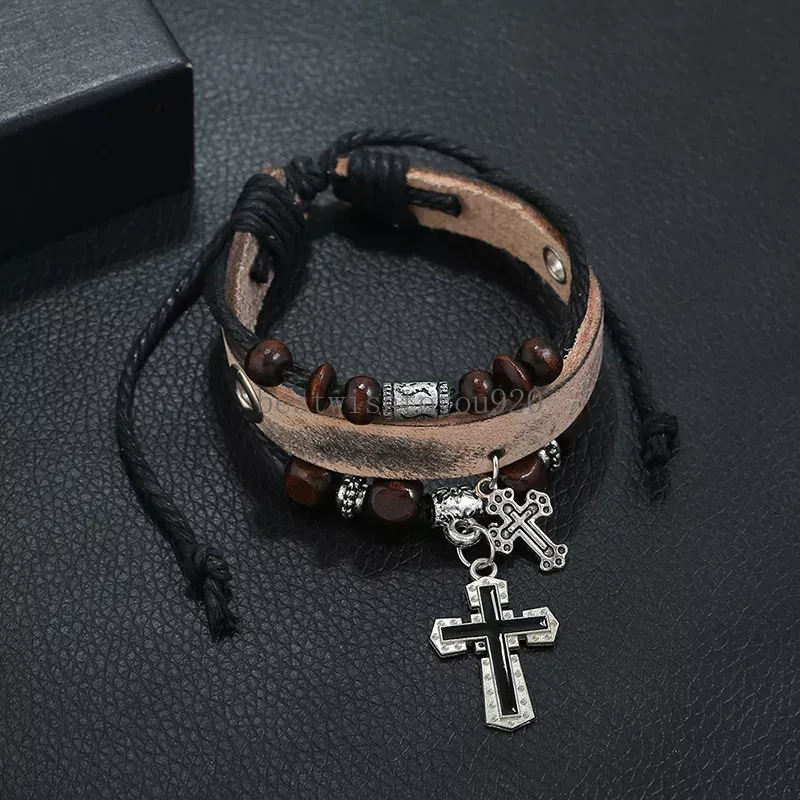 Vintage Cross Charm Bracelets Multilayer Cowhide Braided Genuine Leather Rope Hand Wrap Beads Bracelet for Men Women Fashion Adjustable Bangles Jewelry Gift