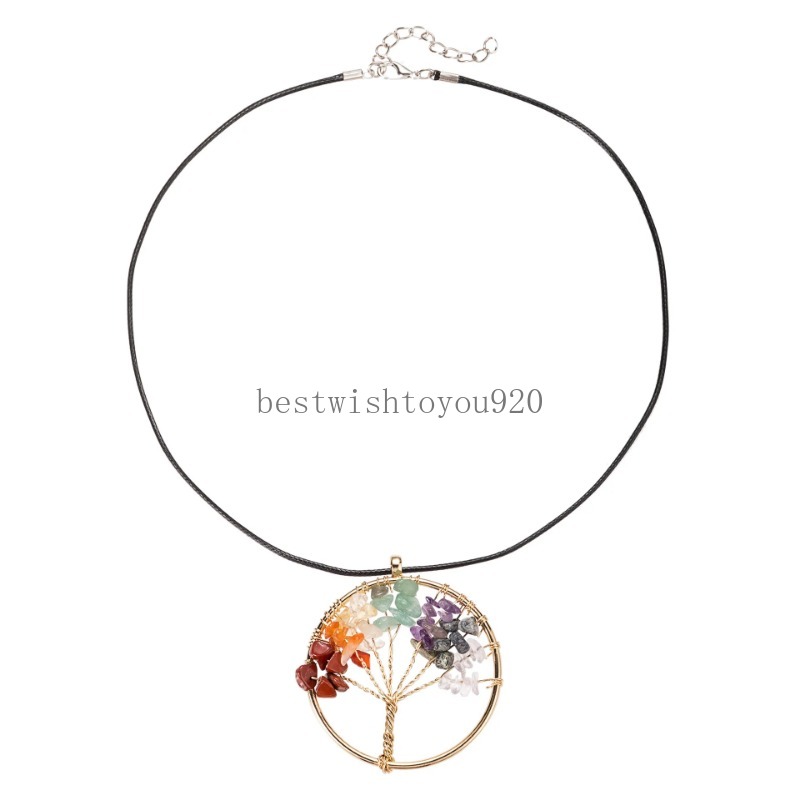 Ronde boom van het leven ketting Natuurlijke stenen Pendulum hanger kettingen goud zilver 7 chakra kristal kwarts reiki genezende sieraden met zwart lederen koord wax ketting