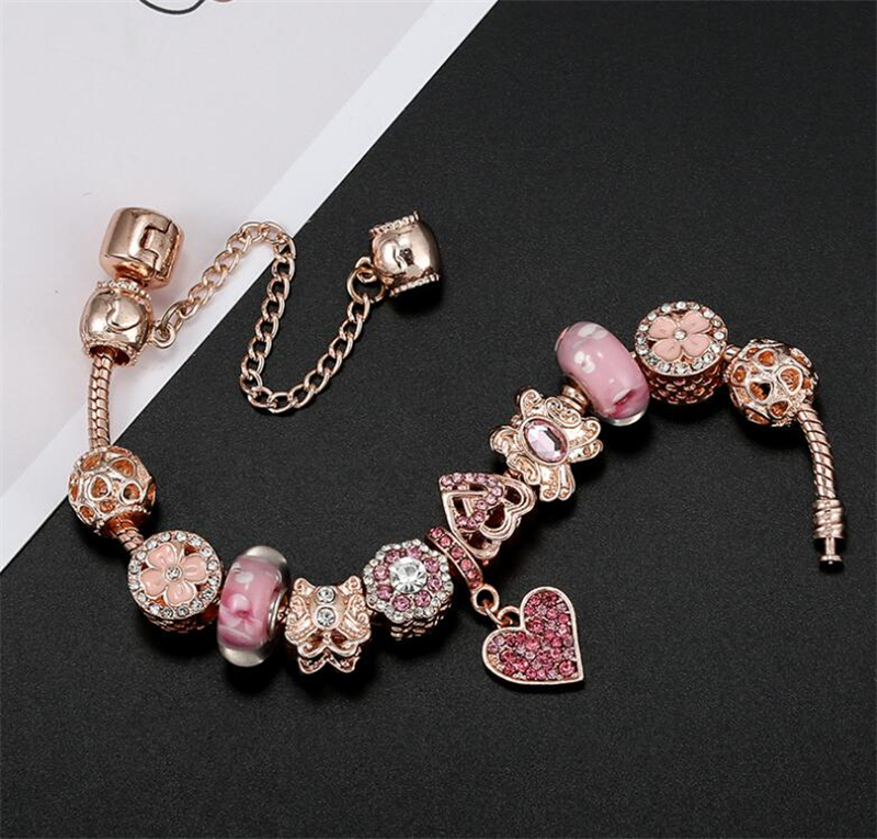 Beaded Bracelet High Quality Rose Gold Pink Silver Charm Beaded Cherry Red Heart Bracelet Crystal Iris Handmade DIY Bracelet For Women Bracelet Gift