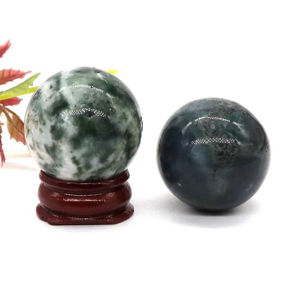 Massagestenar stenar 30mm naturlig stengrön mossa agat reiki helande kristallpolerad energi globe chakra massageboll hem dekoration med stativ 2445