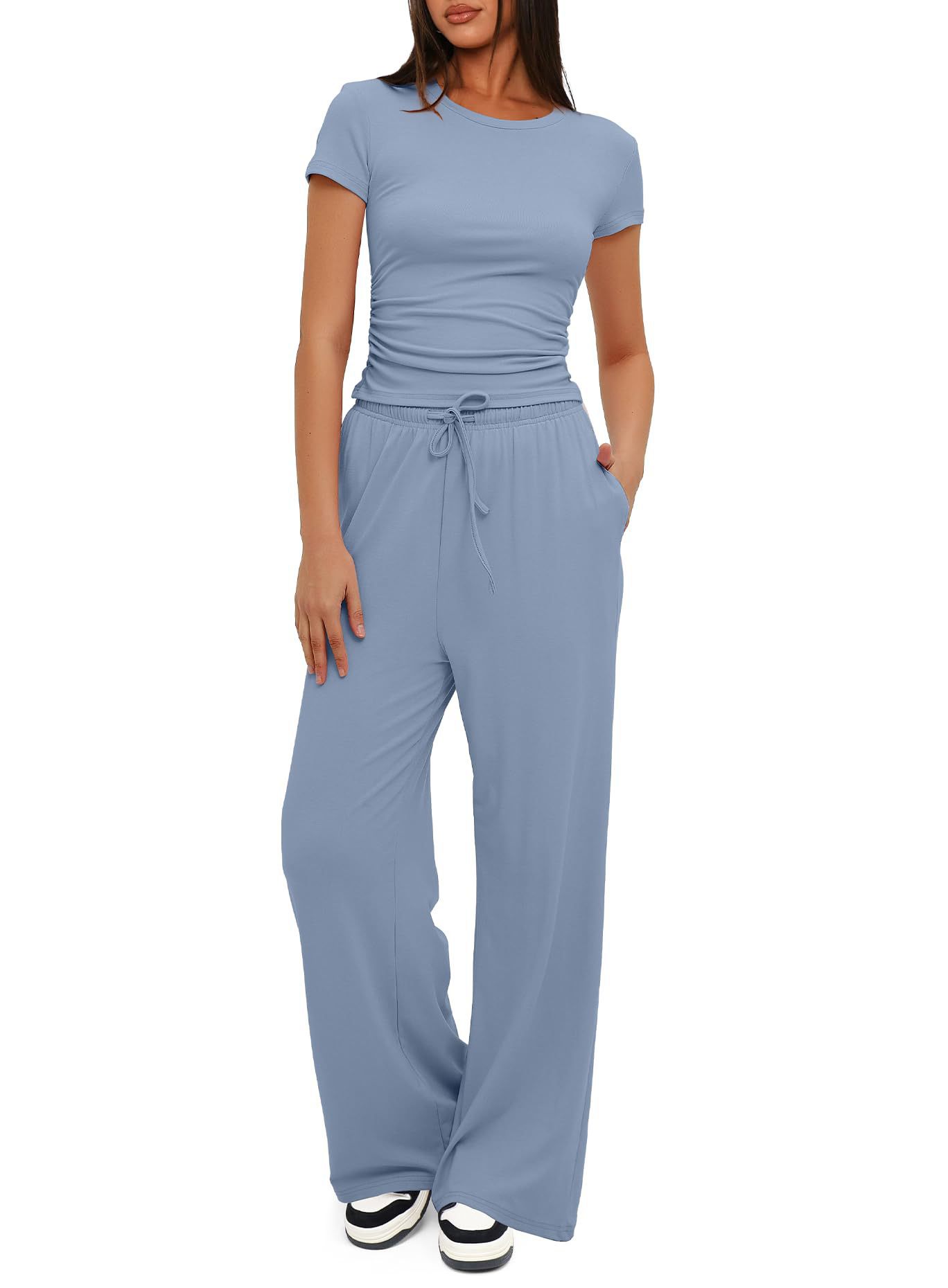 Damen 2 -teilige Outfits Lounge Sets Ruched Short Sleeve Tops und hoch getailte Weitbeinhosen -Trailsuiten 2404051