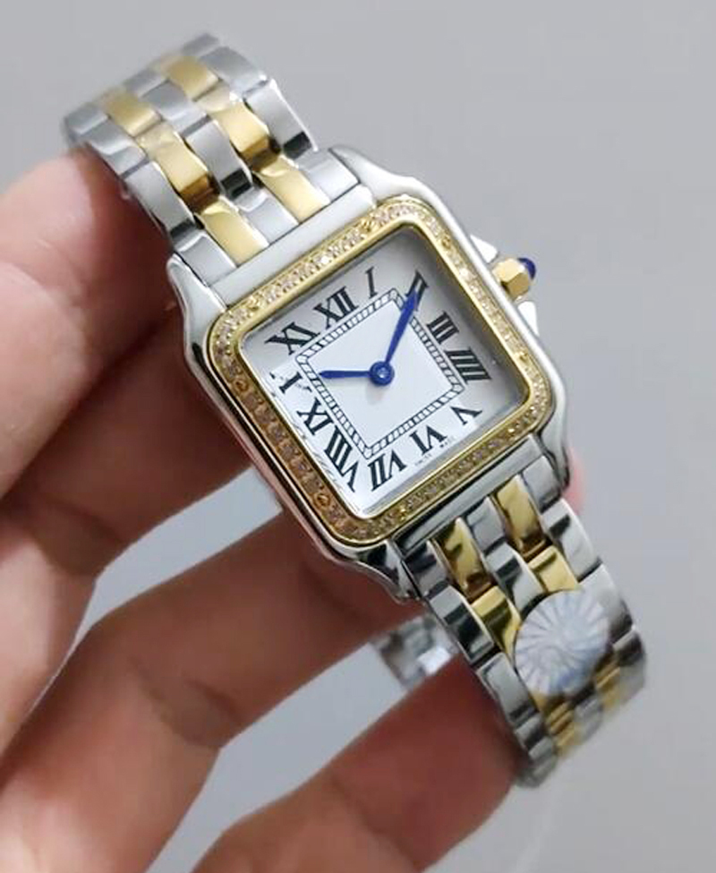 Moda Full Brand Wrist Watch Woman Girl 27mm 22mm Diamante quadrado Banda de metal de aço inoxidável Luxury AAA Tank Quartz Clock CT 55