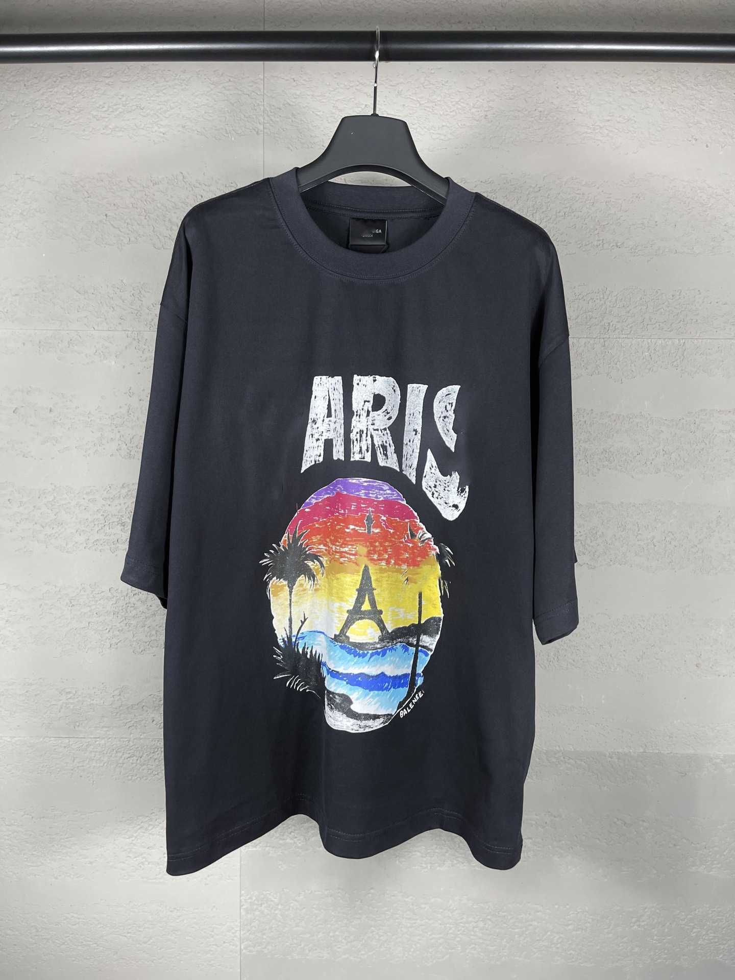 Marca de moda de París correcta B Hawaiian Sunset Coconut Tower Patrón de manga corta Camiseta de manga corta