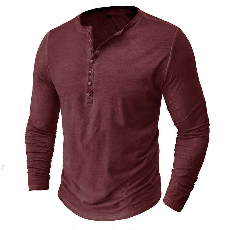 Mens Antique Henley Shirt Long Sleeved T-shirt Button Washed Worn V-neck