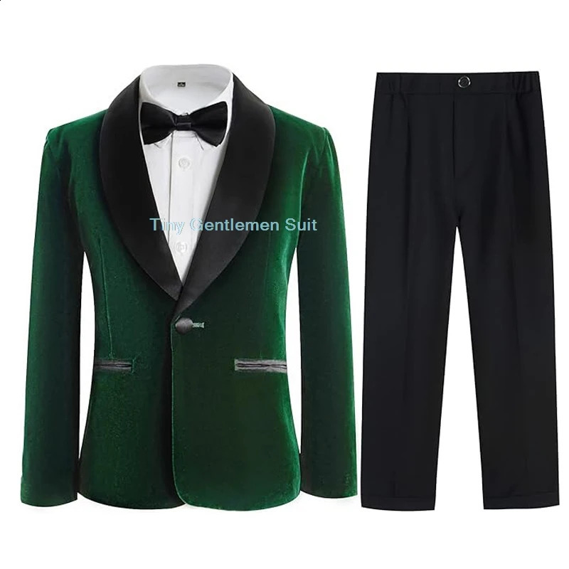 Boys Formal Green Velvet Suits Set Child Wedding Prom Party Pography Costume Kids Blazer Pants Bowtie Outfit 240401