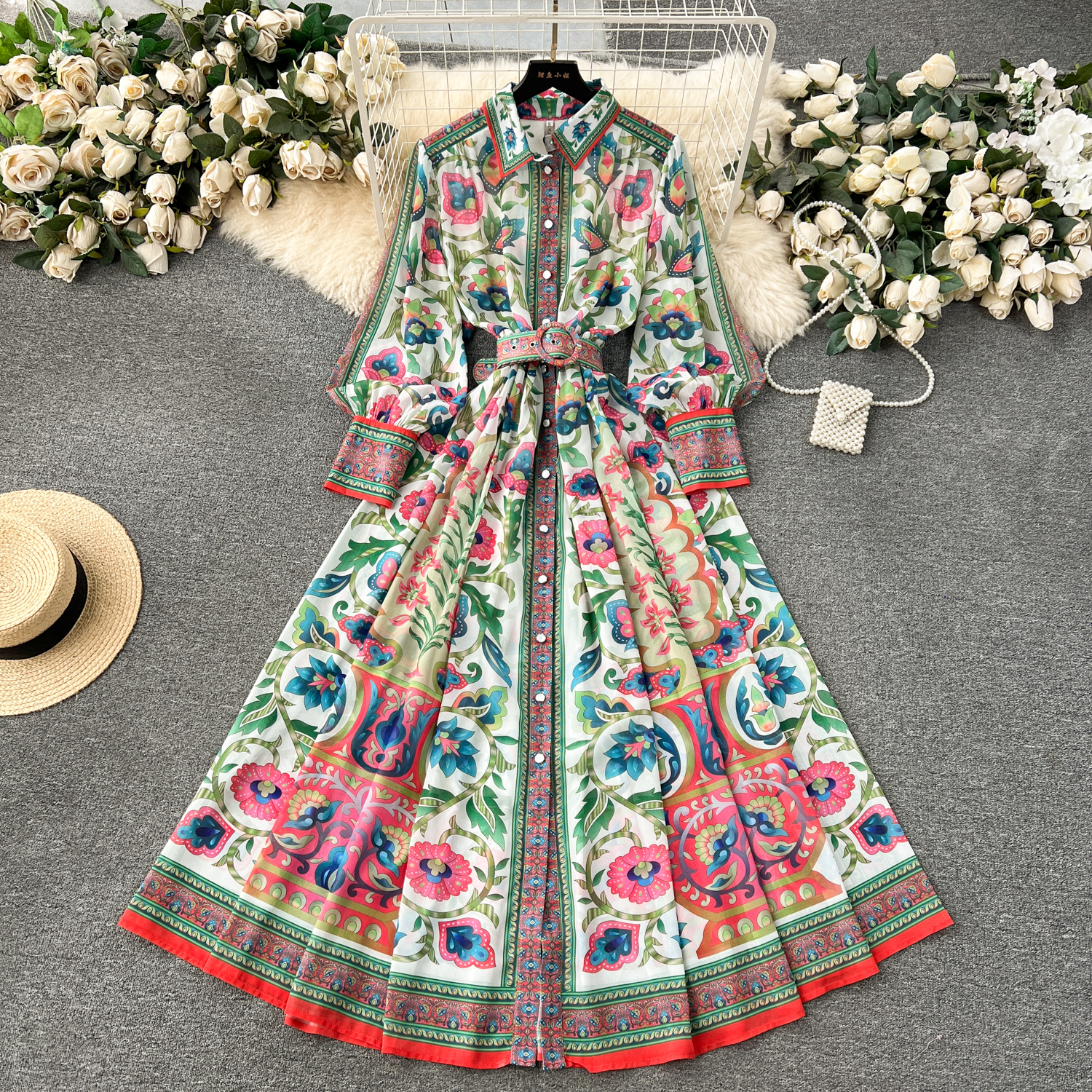 Basic Casual Dresses Elegant Spring Sumemr Holiday Flower Chiffon Maxi Dress Women's Lapel Long Lantern Sleeve Floral Print Belt Boho Robe Vestidos 2024