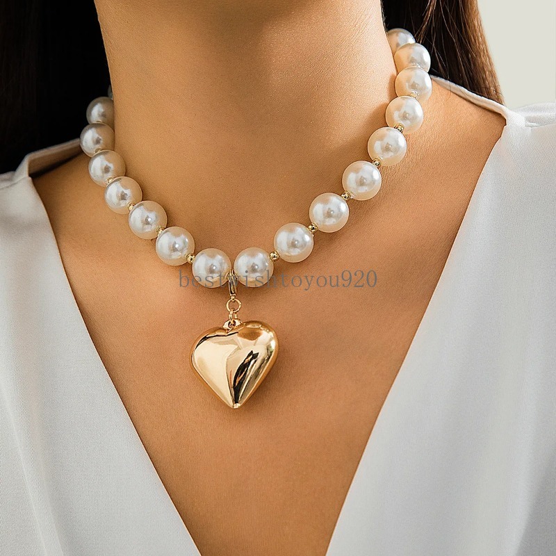 Gold Color Cute Sweet CCB Beads Choker Necklace For Women Wedding Party Gift Trendy Plastic Heart Pendant Necklace Pearl Jewelry