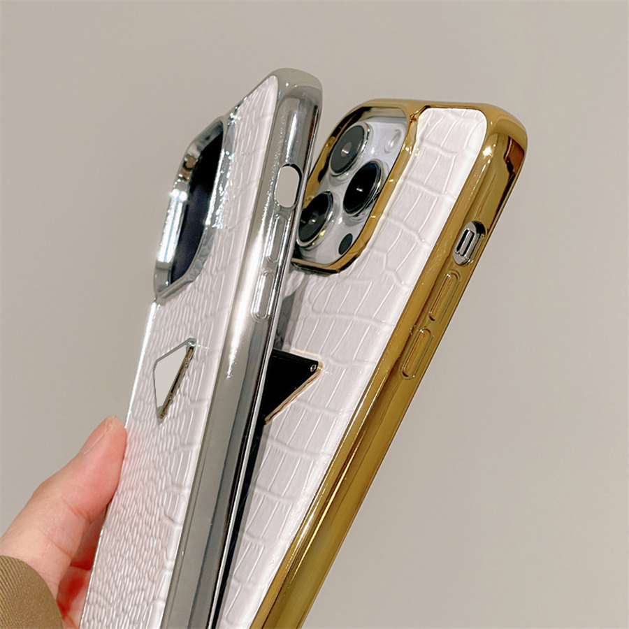 Electroplated Bezel Crocodile Leather Textured Designer Phone Case For Iphone 14 13 12 11 Pro Max Soft Luxury Case Cover Fundas