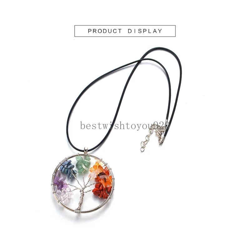 Ronde boom van het leven ketting Natuurlijke stenen Pendulum hanger kettingen goud zilver 7 chakra kristal kwarts reiki genezende sieraden met zwart lederen koord wax ketting