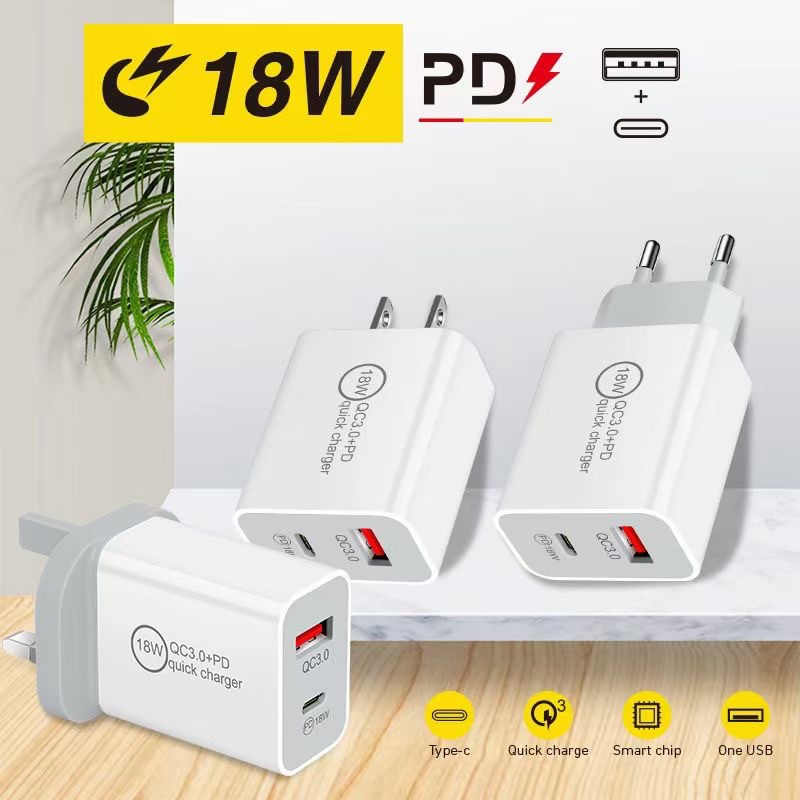 Caricatore PD da 18W Dual USB Quick Charger QC3.0 Tipo C Caricatore a parete US/UE/UK Adattatore a parete Plug iPhone 15 Samsung Mobile Phone