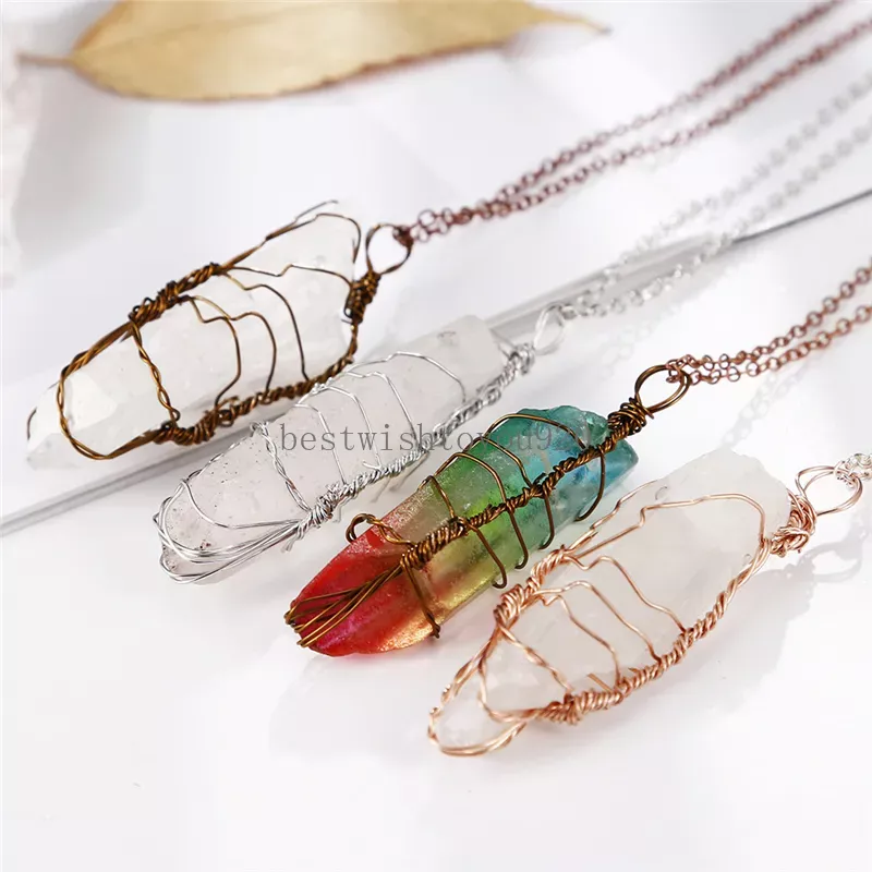 Column Pendants Necklaces Hexagonal Prism Tree of Life Natural Stone White Crystal Quartz Yoga Meditation Healing Point Pendulum Charm Jewelry Gift for Women Men