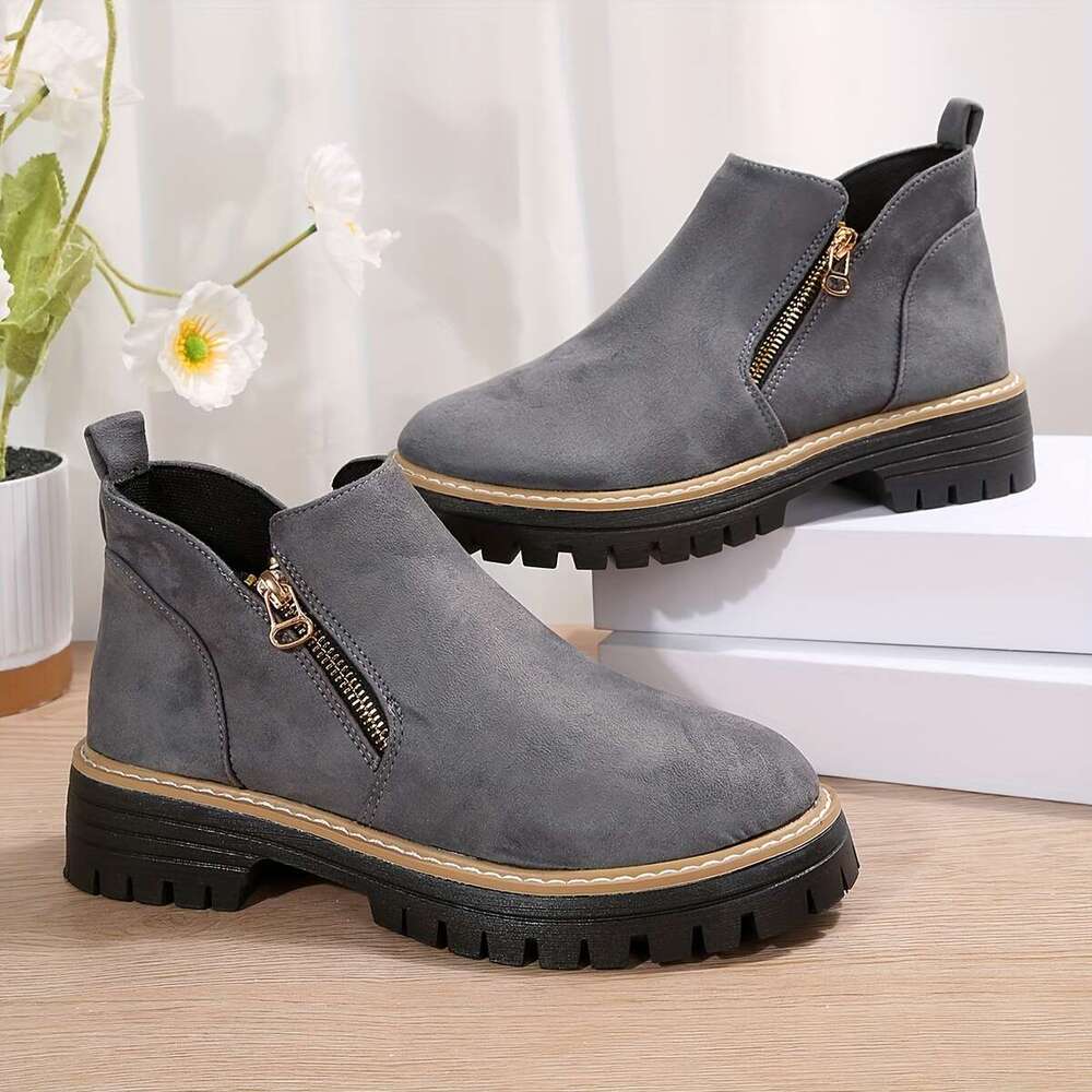 Stylish Comfort Black Ankle Boots - Soft Cushioned Flat Sole, Breathable Material, Dual Zipper Closure, Round Toe Design for All-Season Everyday Wear