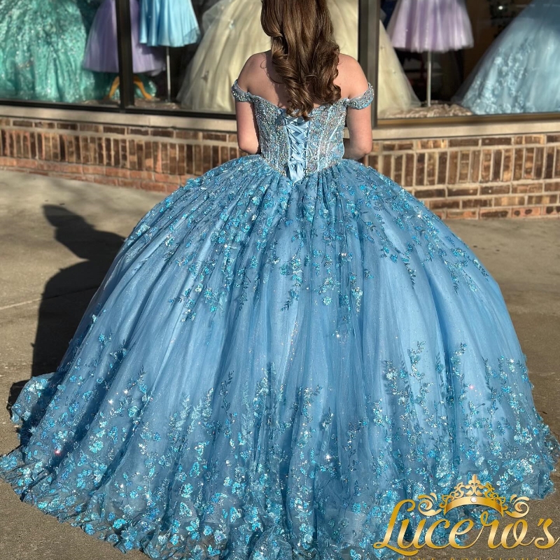 Sky Blue Sparkly Quinceanera klänningar Formella lyxparti Beading Lace Appliques Sweet 15 Dress Graduation Ball Gwon Prom Gowns