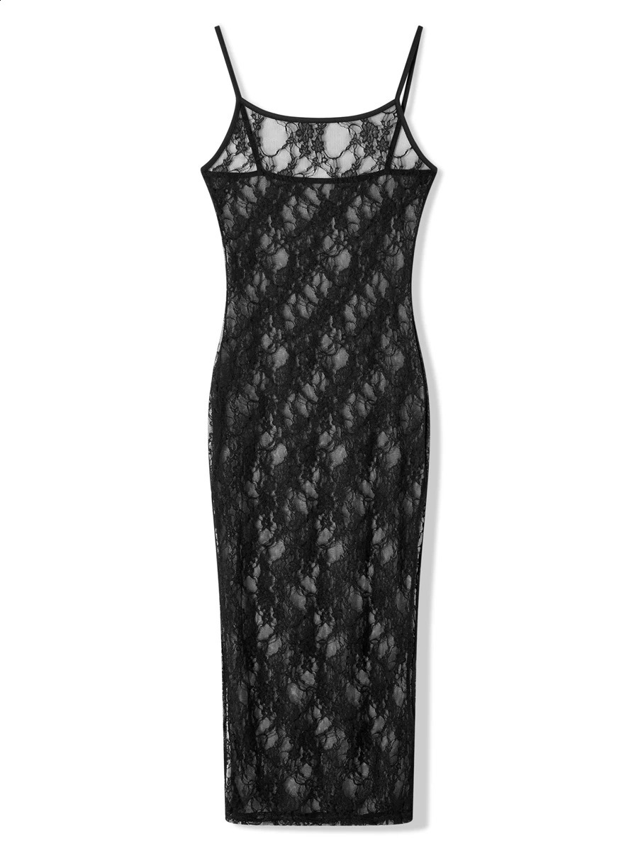 Mode spaghetti -riem doorziet door midi dres zwart sexy pure mesh kanten bloemenjurken chique y2k strand outfits vestidos 240402