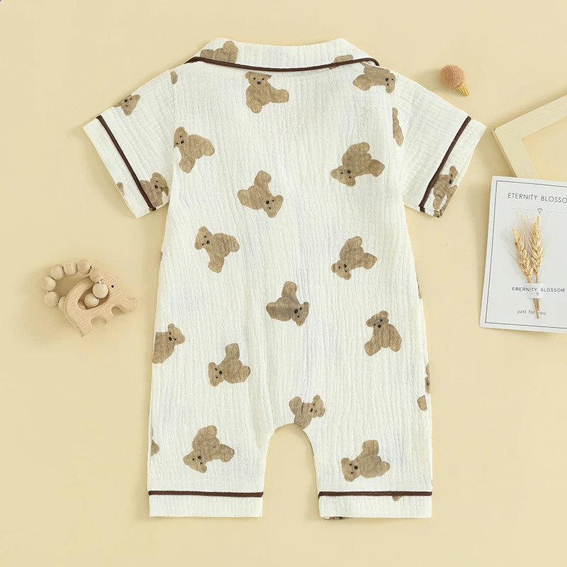 born Baby Boy Girl Cotton Linen Jumpsuit Lapel Short Sleeve Bear Print Bodysuit Summer Overalls Playsuit 240325