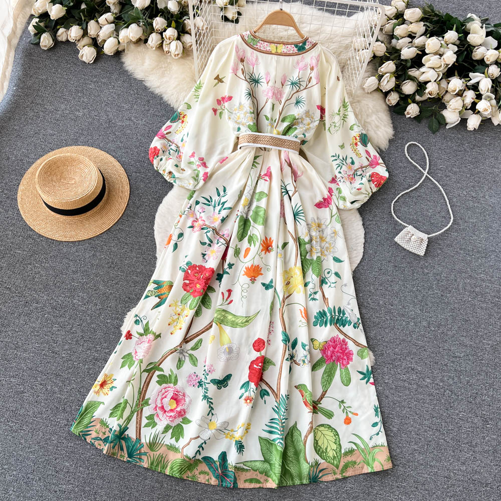 Grundläggande avslappnade klänningar 2024 Summer Semester Löv Blomma Lång klänning Kvinnors V-ringning Lantern Sleeve Sashes Floral Print Single Breasted Linen Vestidos