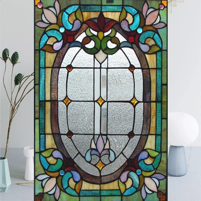 Retro Privacy Window Film Static Clings Stained Glass Non-Adhesive Anti-UV Protection Heat Control Door Stickers for Home 240329