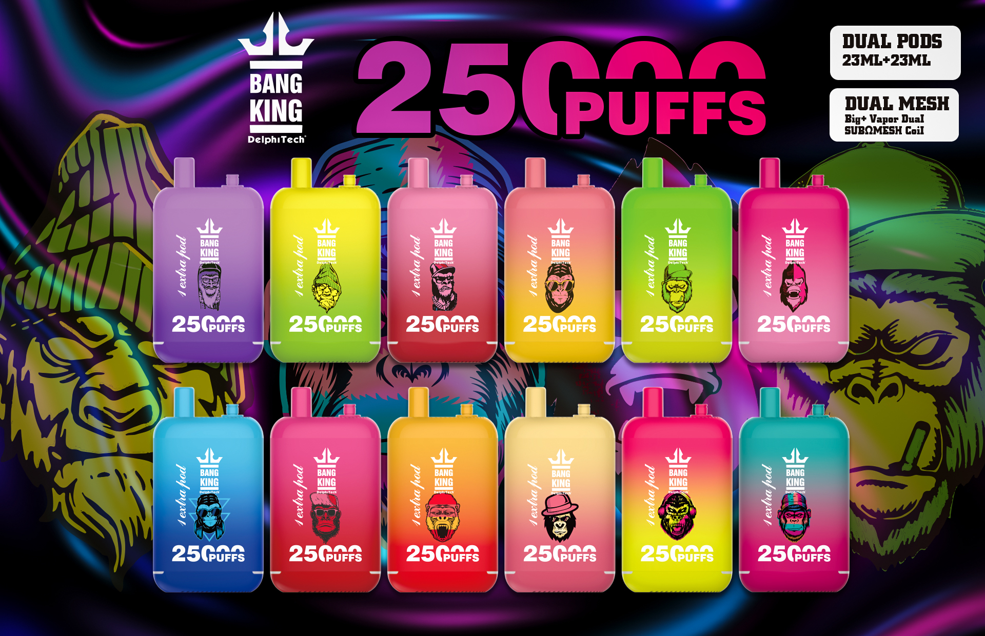 Big Puff Bang King 25000 Puff Disponível Vape recarregável e cigarros 25k bobina de malha de sopro 23ml*2 e-líquido Puff 25k Vaper 0%2%3%5%Cigarro eletrônico descartável