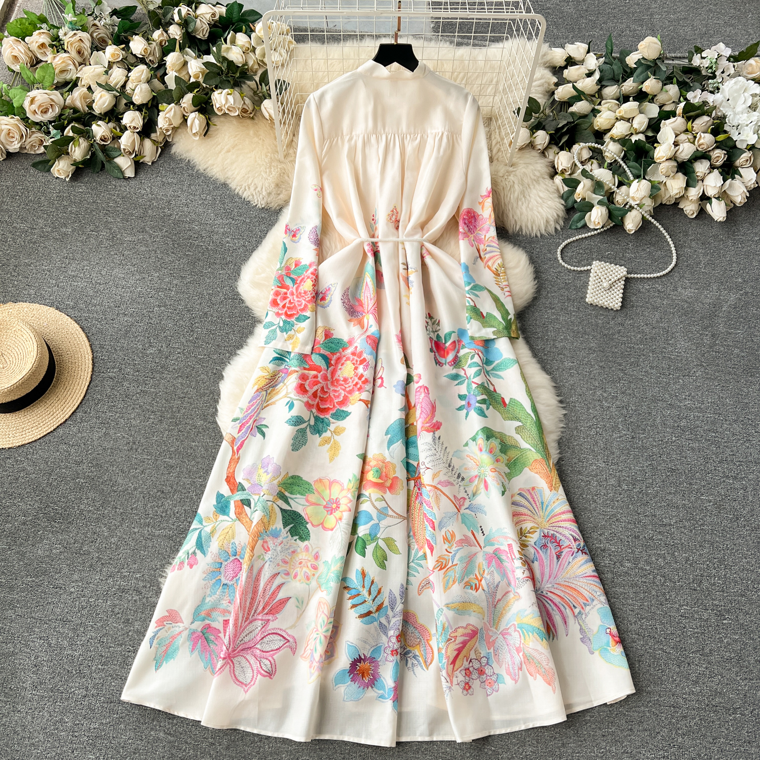 Basic casual jurken 2024 Elegante prachtige bloem Boheemse jurk vrouwen boogkraag lange lantaarn mouw bloemenprint riem linnen lange vestidos kleding