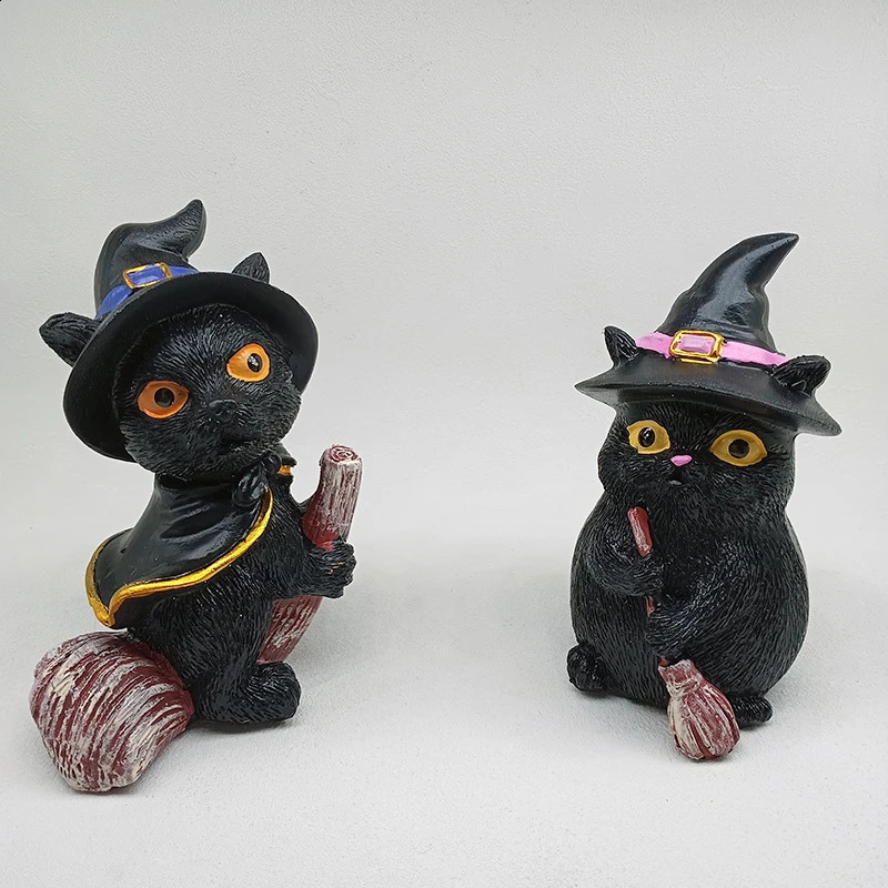 Spooky Black Cat with Witch Hat Statue Crescent Moon Figurines Cute Broom Cat Halloween Ornaments Home Garden Decor Accessories 240329