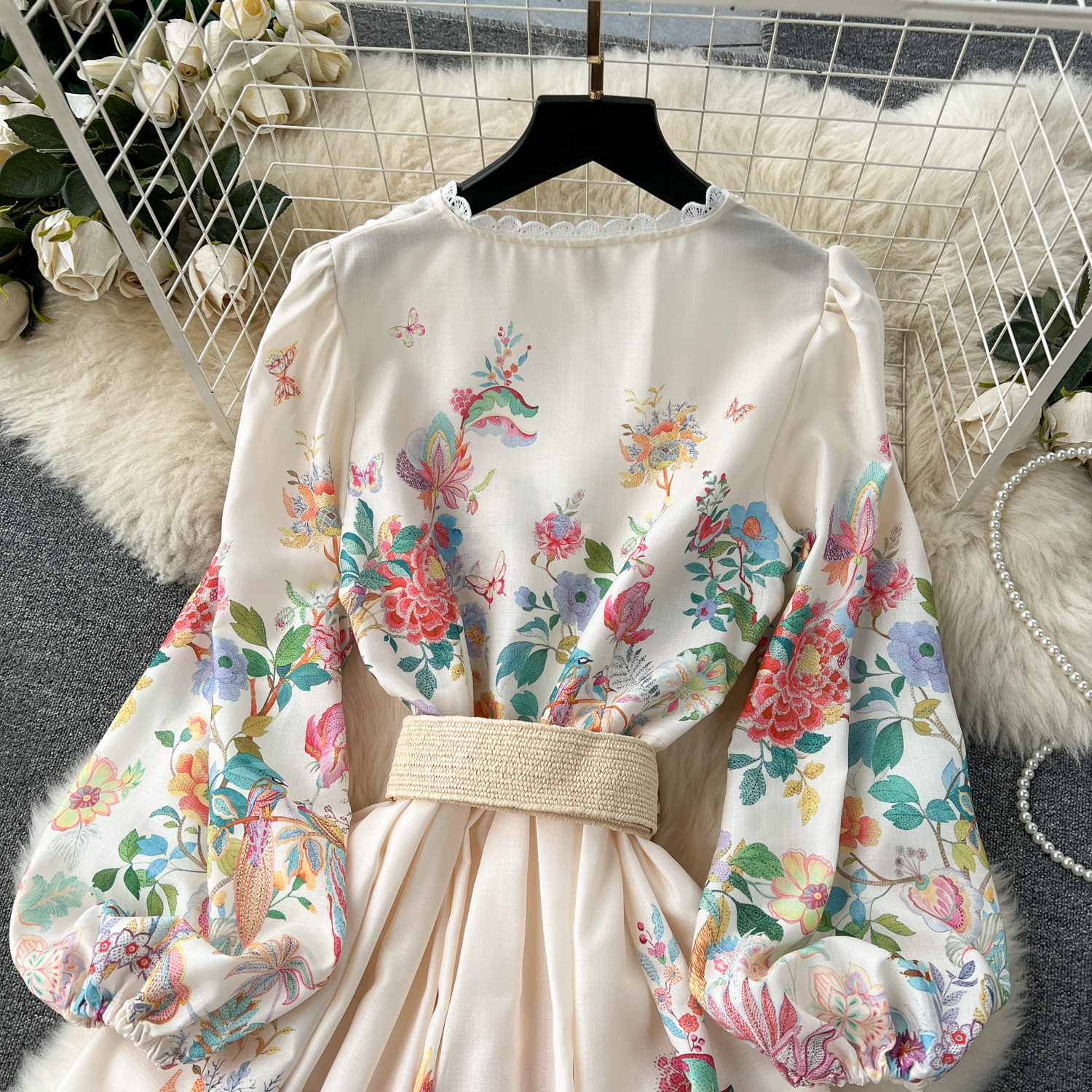 Runway Dresses Summer Holiday Flower Robe Dress Women Lace Splicing V-Neck Long Lantern Sleeve Sashes Floral Print Maxi Vestidos Clothes 2024